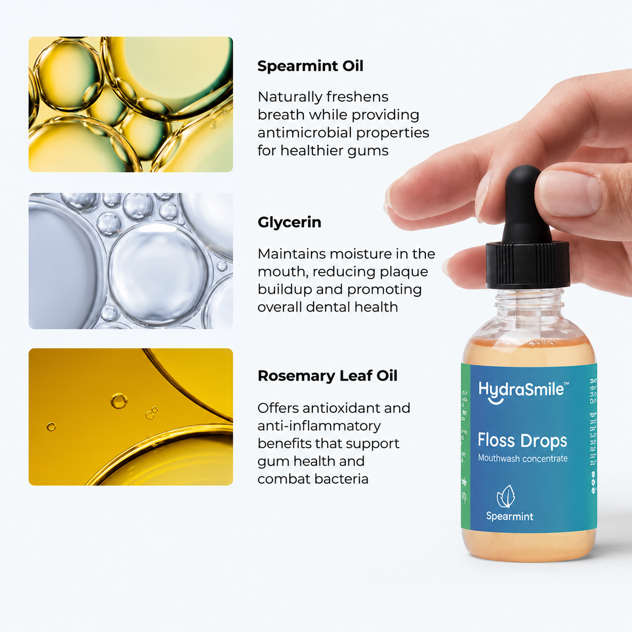 Spearmint oil, glycerin and rosemary leaf oil — the ingredients in HydraSmile Floss Drops